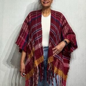 Jenni Wine Oversized Plaid Topper Sz OS NWT